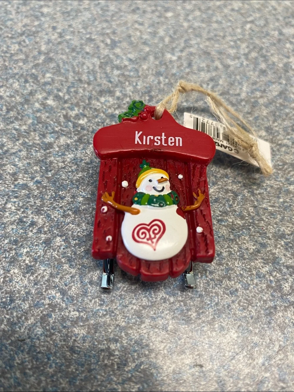 GANZ NEW Red Sled with Snowman Ornament with name (Kirsten)